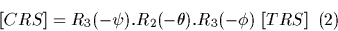 \begin{displaymath}\lbrack CRS\rbrack = R_3(-\psi).R_2(-\theta).R_3(-\phi)\ \lbrack TRS\rbrack\,\ (2)\ \end{displaymath}